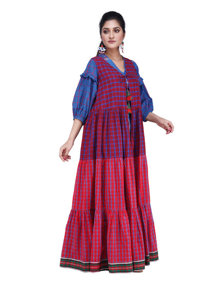 Shrug Long Gamcha Fashion Handloom Cotton Red SHR206