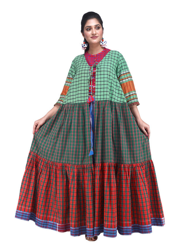 Shrug Long Gamcha Fashion Handloom Cotton Red and Green SHR209