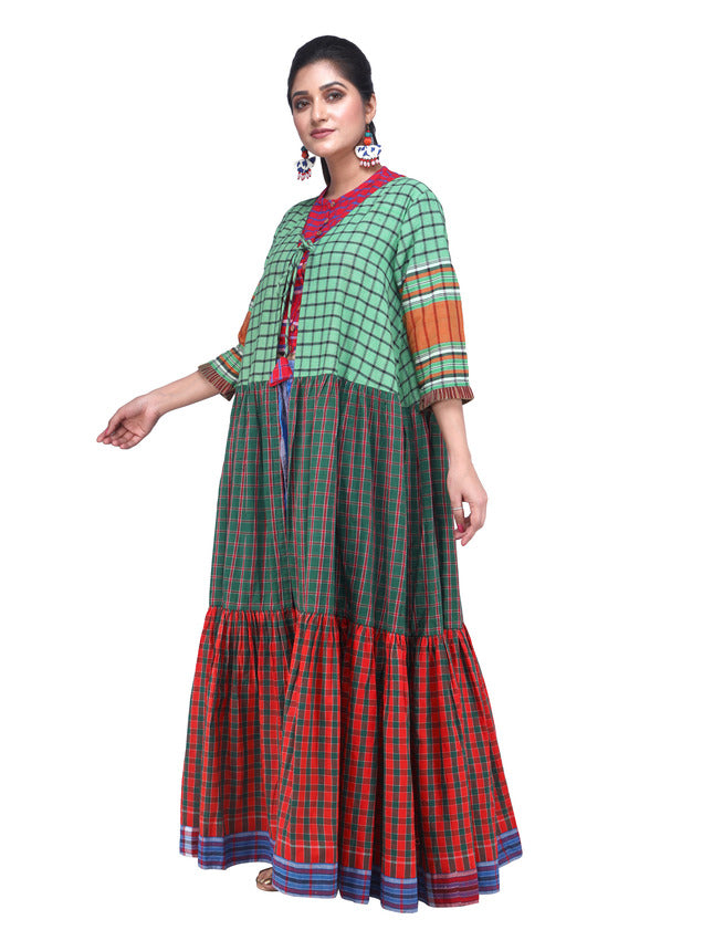 Shrug Long Gamcha Fashion Handloom Cotton Red and Green SHR209