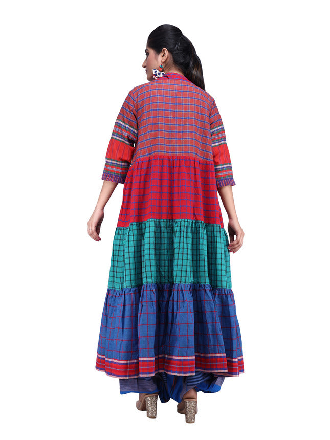 Shrug Long Gamcha Fashion Handloom Cotton Red, Blue and Green SHR210