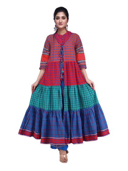 Shrug Long Gamcha Fashion Handloom Cotton Red, Blue and Green SHR210