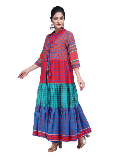 Shrug Long Gamcha Fashion Handloom Cotton Red, Blue and Green SHR210