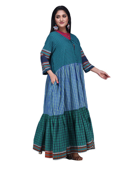 Long Shrug Gamcha Fabric Female Blue and Green SHR211