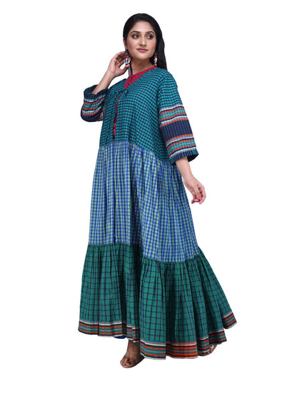 Long Shrug Gamcha Fabric Female Blue and Green SHR211