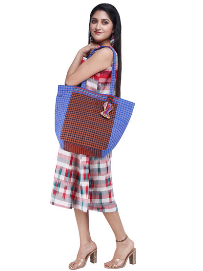 Tote Bag Fish Handcrafted Female Gamcha Fashion Handloom Fabric Maroon and Blue BAG04