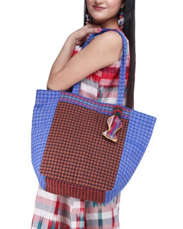 Tote Bag Fish Handcrafted Female Gamcha Fashion Handloom Fabric Maroon and Blue BAG04