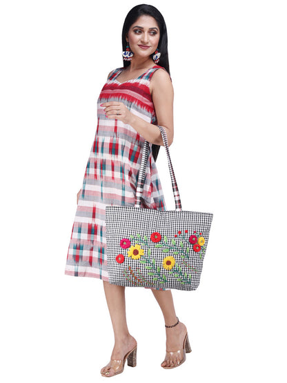 Tote Bag Flower Hand-Emboidered Female Gamcha Fashion Handloom Fabric White BAG06