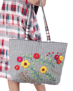 Tote Bag Flower Hand-Emboidered Female Gamcha Fashion Handloom Fabric White BAG06