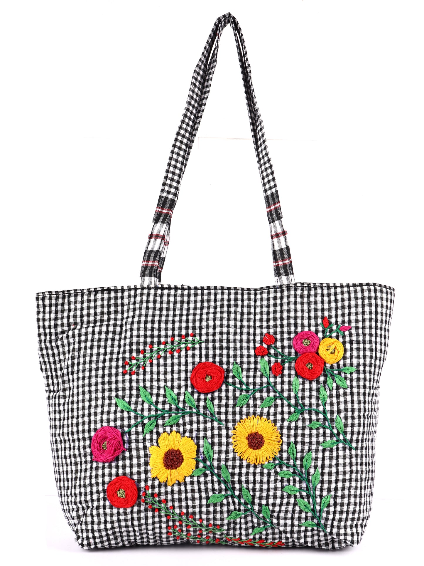 Tote Bag Flower Hand-Emboidered Female Gamcha Fashion Handloom Fabric White BAG06