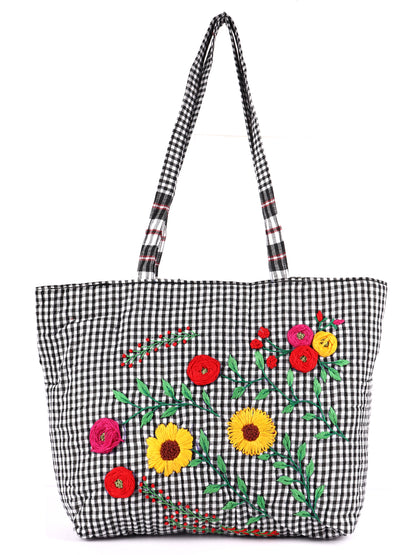 Tote Bag Flower Hand-Emboidered Female Gamcha Fashion Handloom Fabric White BAG06