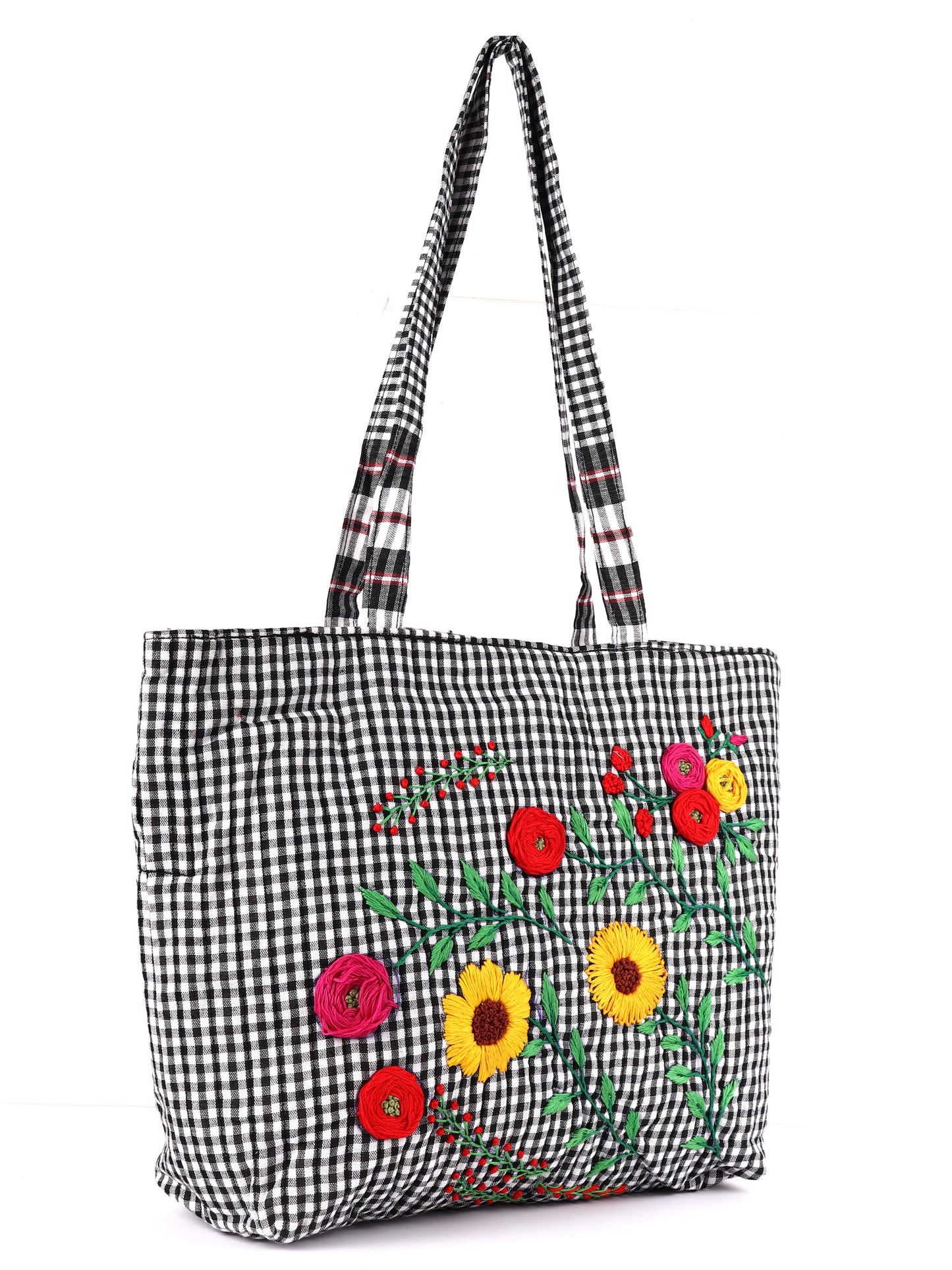 Tote Bag Flower Hand-Emboidered Female Gamcha Fashion Handloom Fabric White BAG06