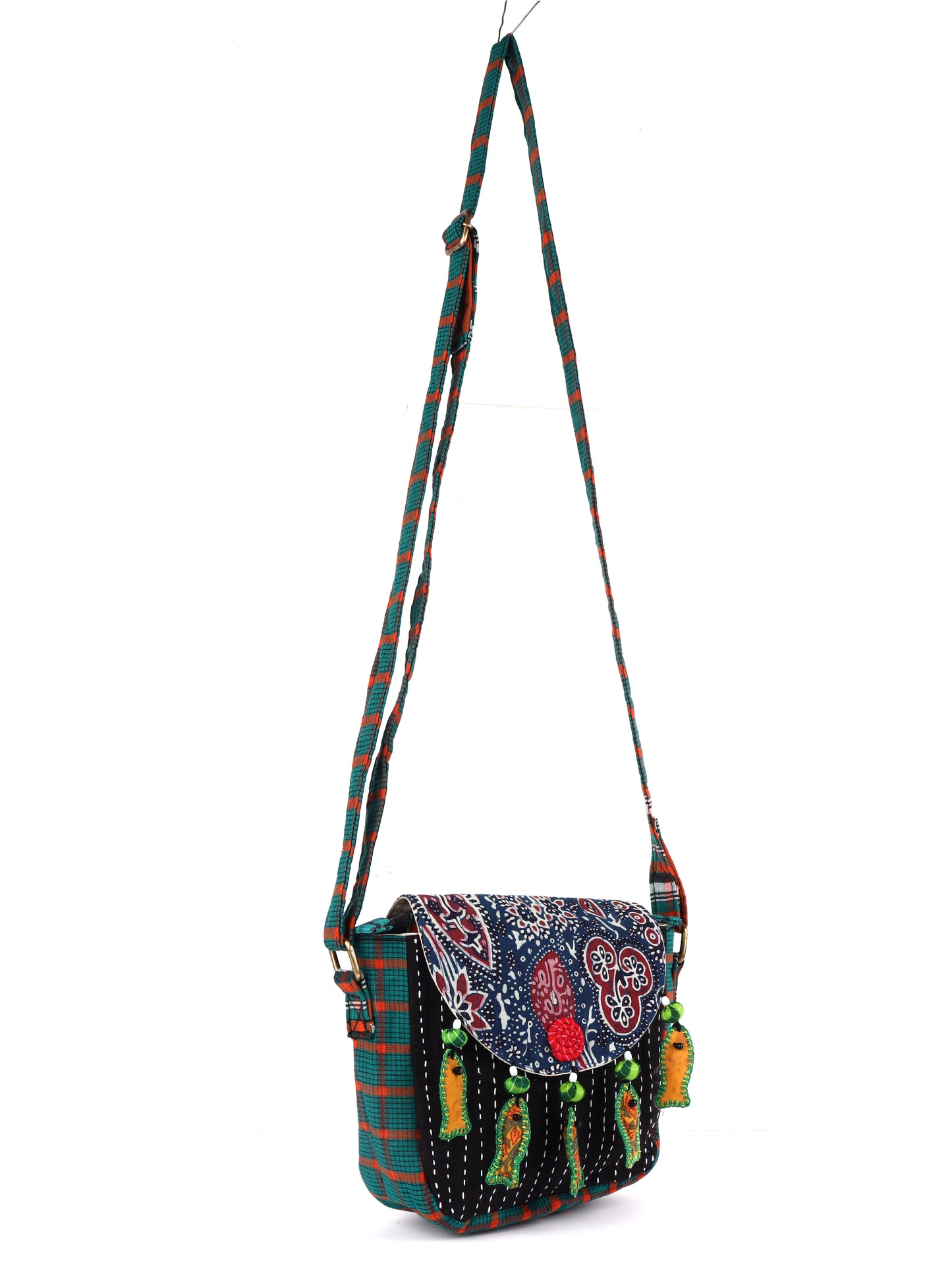 Sling Bag Gamcha And Ajrak Fabric Hand Embroided Fish Indigo  SL07