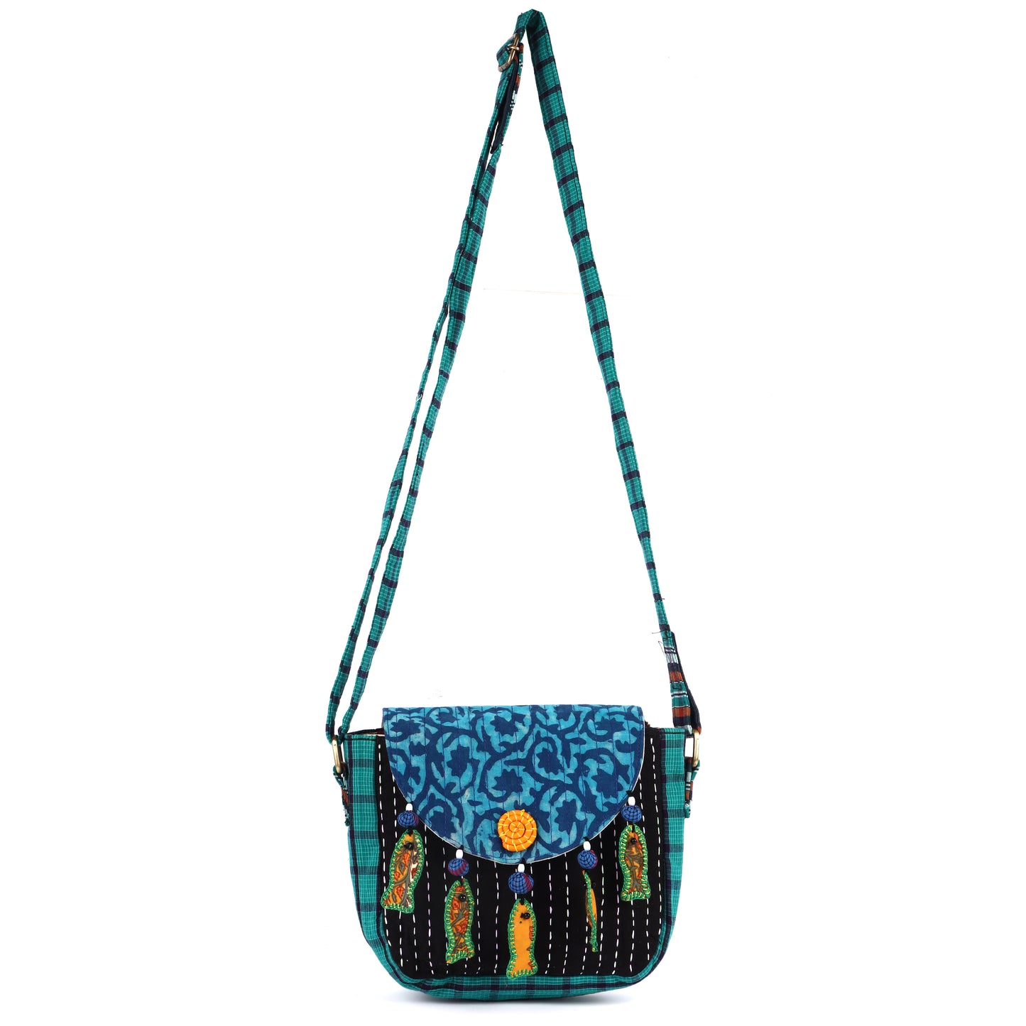 Sling Bag Gamcha And Ajrak Fabric Hand Embroided Fish Indigo  SL06