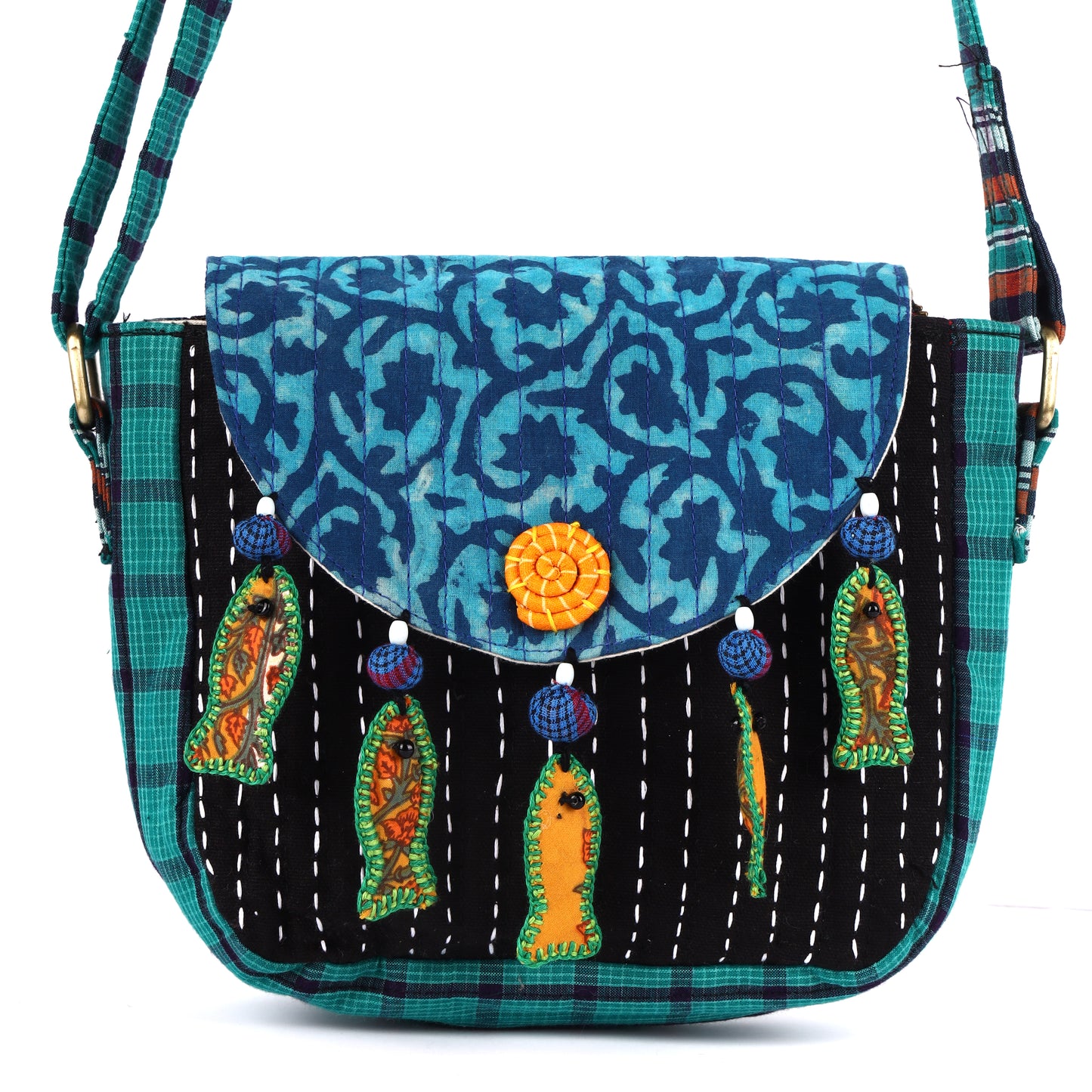 Sling Bag Gamcha And Ajrak Fabric Hand Embroided Fish Indigo  SL06