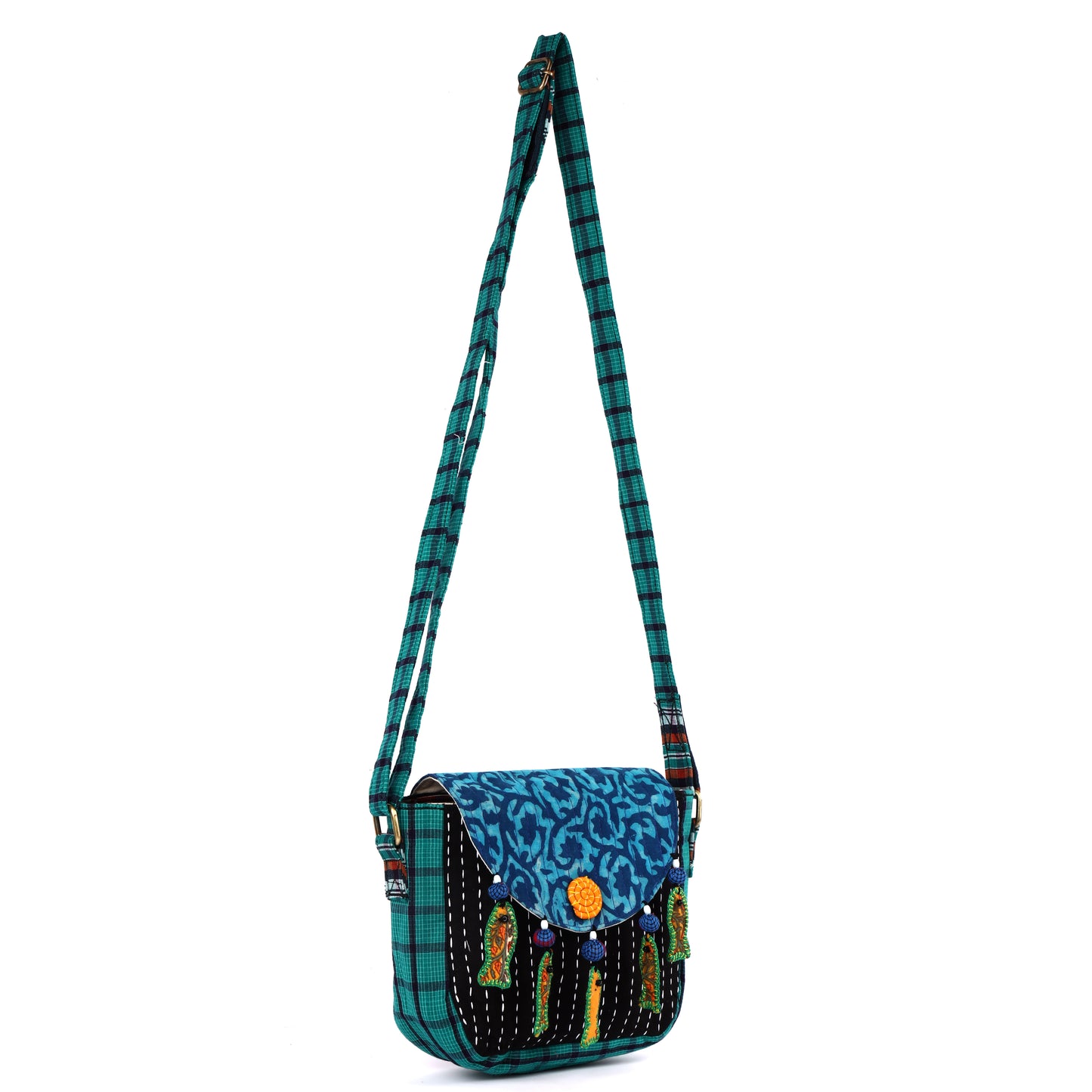 Sling Bag Gamcha And Ajrak Fabric Hand Embroided Fish Indigo  SL06