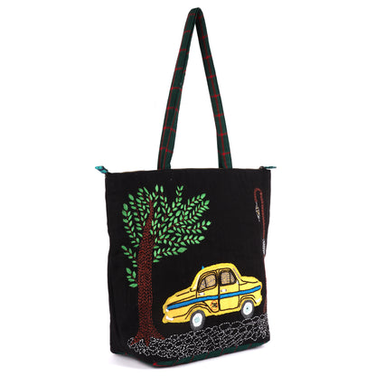 Tote Bag Pili Taxi Hand-Emboidered Female Gamcha Fashion  Fabric Black BAG07