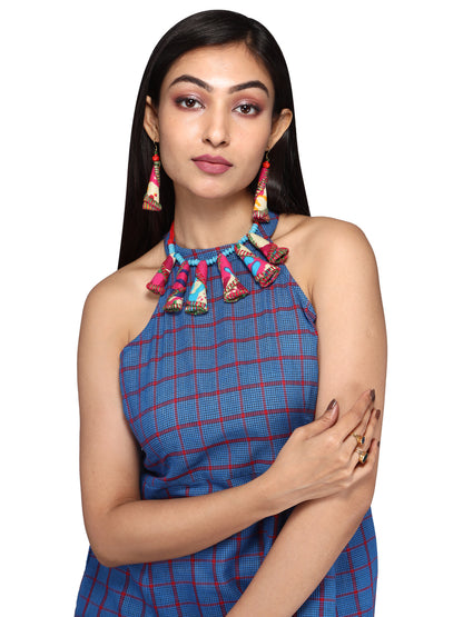 Dress Halter Neck Gamcha Fashion Handloom Cotton Fabric Blue D05