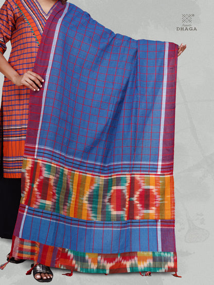 Patch work Gamcha Fashion Handloom Cotton Dupatta (Blue and Orange) DP06