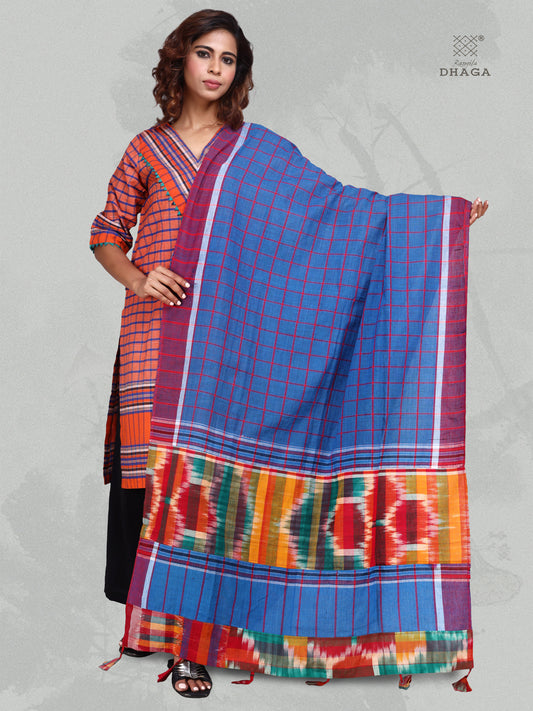 Patch work Gamcha Fashion Handloom Cotton Dupatta (Blue and Orange) DP06