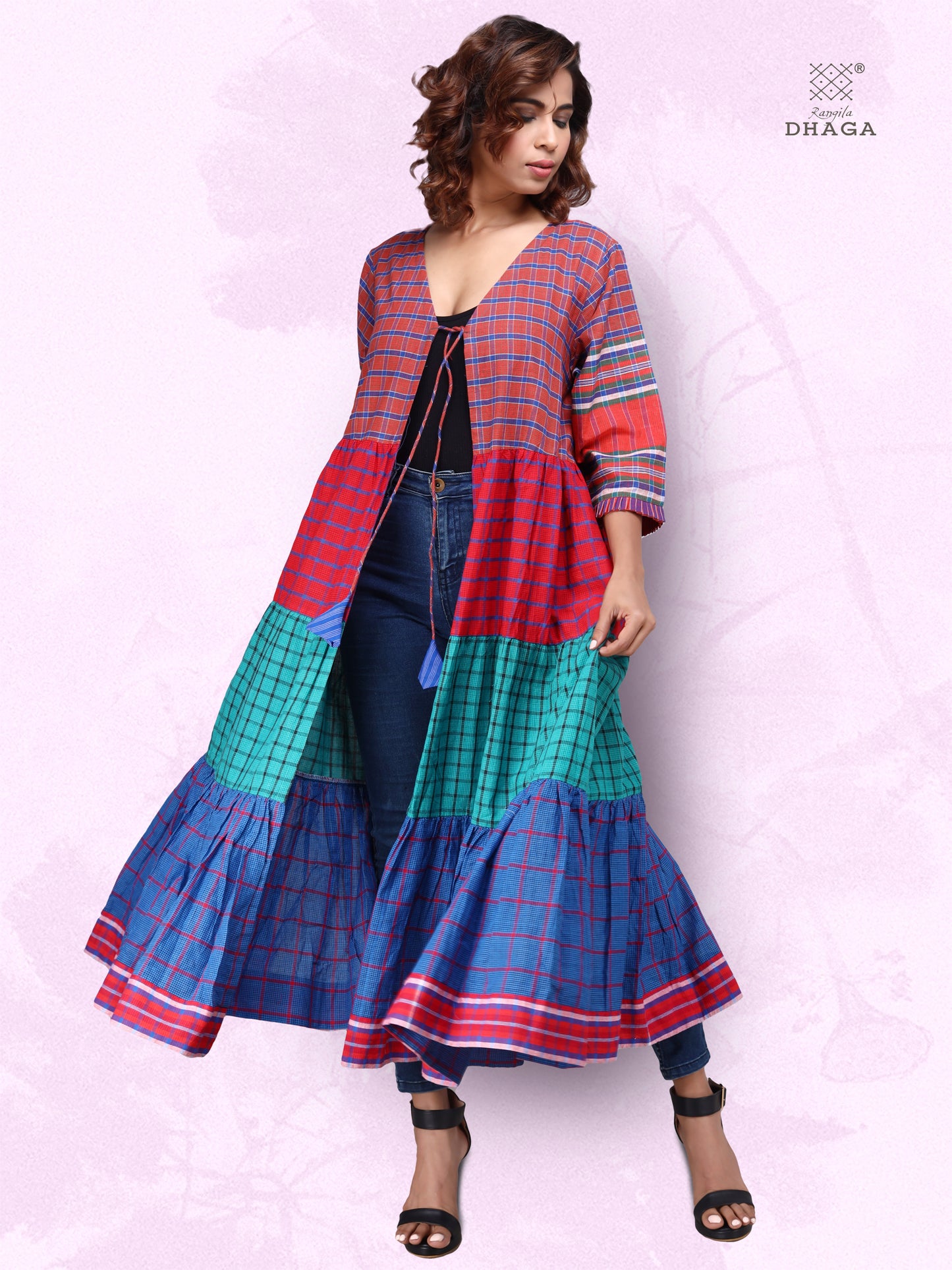 Shrug Long Gamcha Fashion Handloom Cotton Red, Blue and Green SHR210