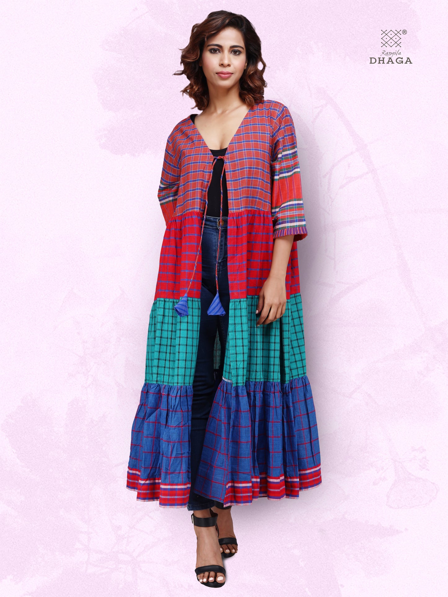 Shrug Long Gamcha Fashion Handloom Cotton Red, Blue and Green SHR210