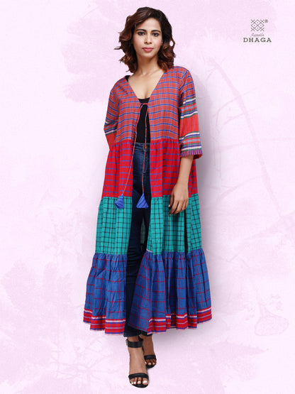 Shrug Long Gamcha Fashion Handloom Cotton Red, Blue and Green SHR210