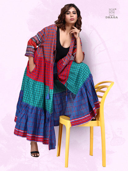 Shrug Long Gamcha Fashion Handloom Cotton Red, Blue and Green SHR210