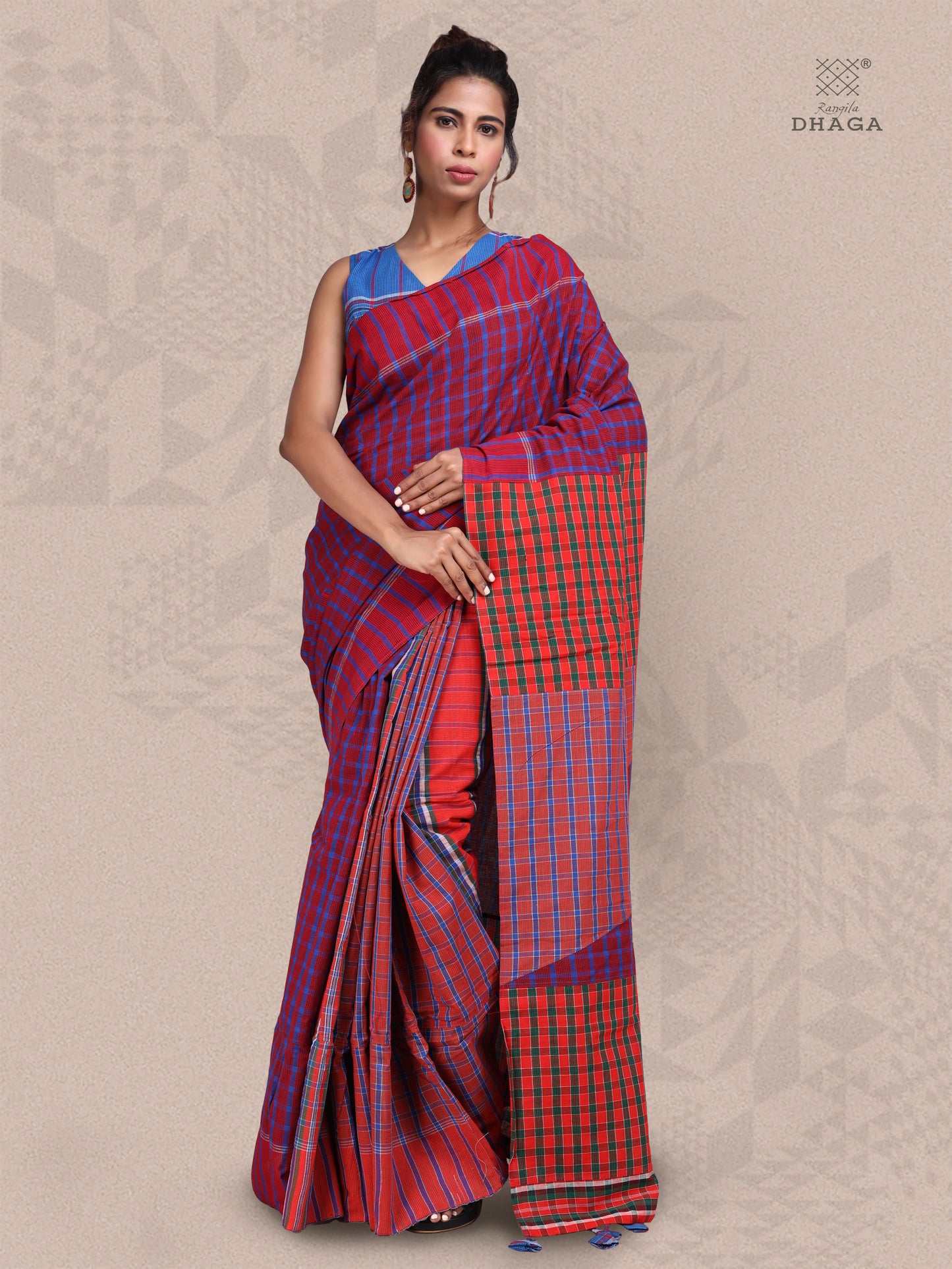 Saree  Gamcha Fashion Handloom Cotton Fabric Maroon and Brown GS30