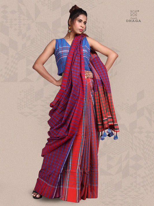 Saree  Gamcha Fashion Handloom Cotton Fabric Maroon and Brown GS30