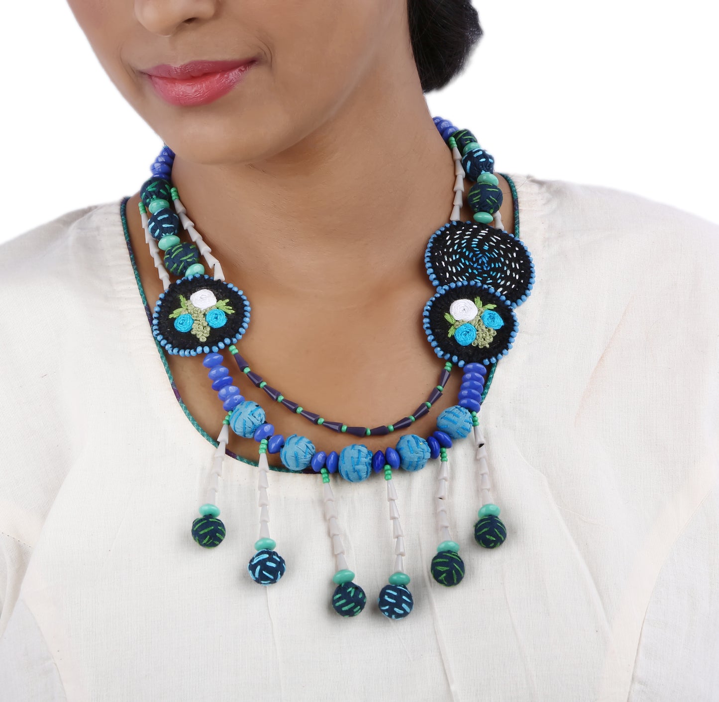 Handembroidered Gamcha Fabric with Cristal Beads Necklace Blue (N01)