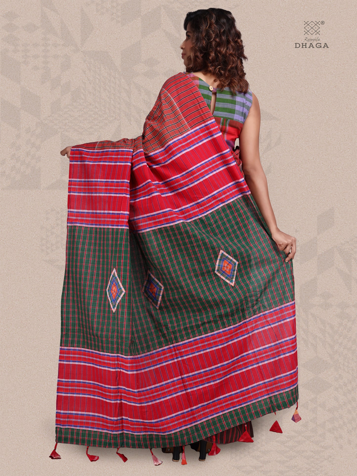 Saree Gamcha Fashion Handloom Cotton Fabric Brown and Green GS26