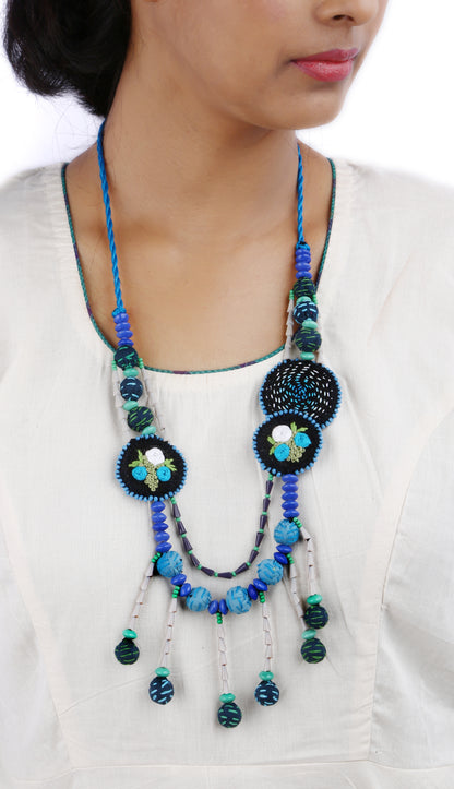 Handembroidered Gamcha Fabric with Cristal Beads Necklace Blue (N01)