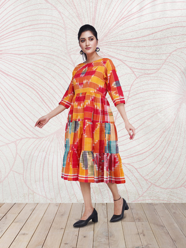 Dress Gamcha Fashion Handloom Cotton Fabric Orange and Yellow D02