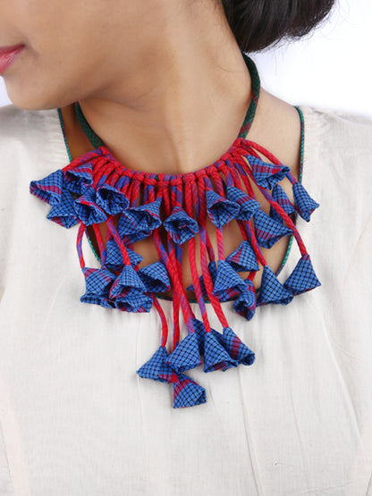 Handcrafted Gamcha Fabric Necklace Blue-Red