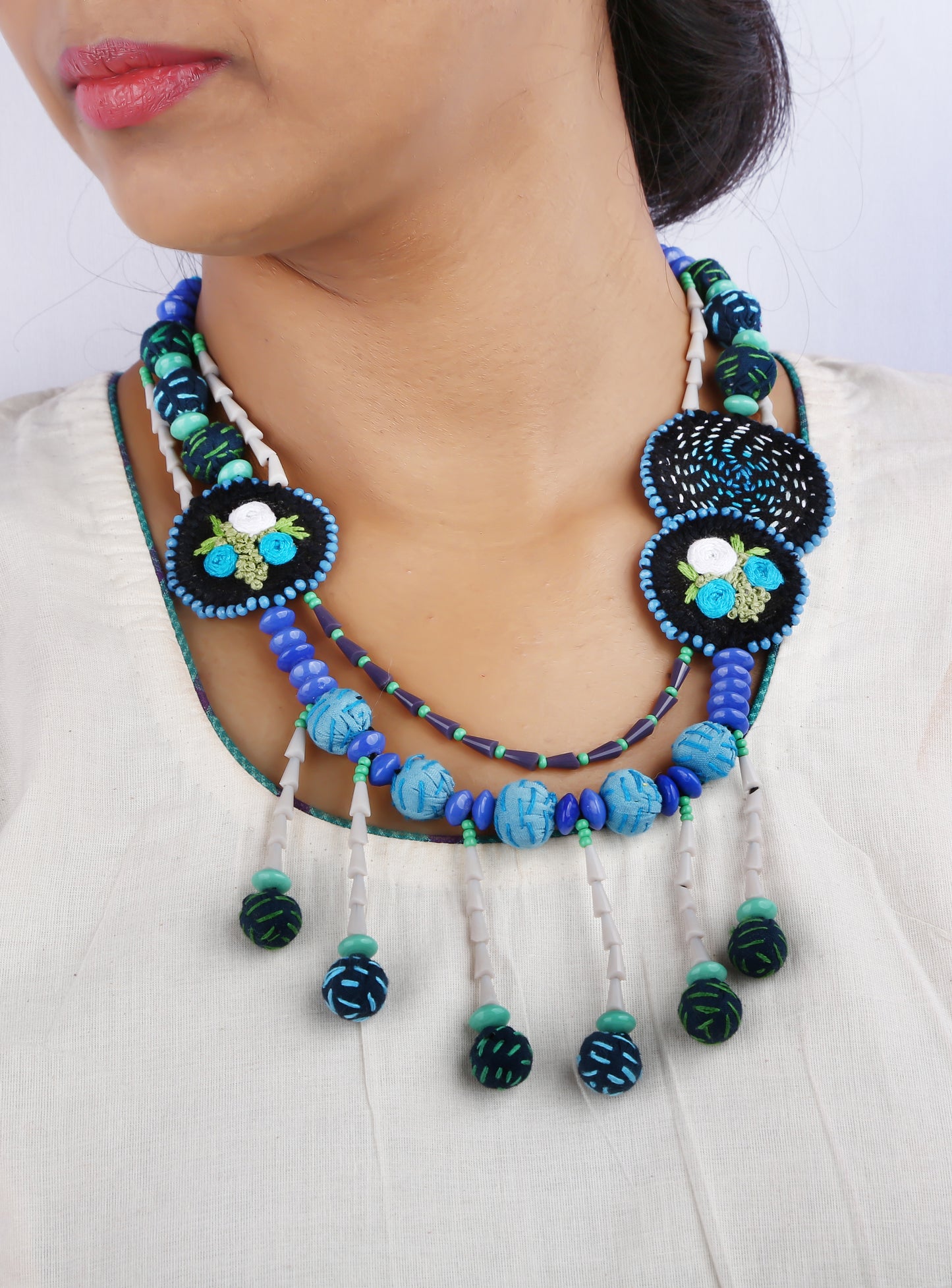 Handembroidered Gamcha Fabric with Cristal Beads Necklace Blue (N01)