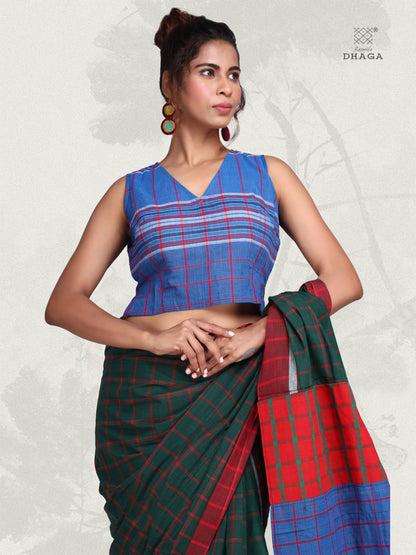 Blouse V Nack Gamcha Fashion Handloom Cotton Fabric Sleeveless Blue BL13