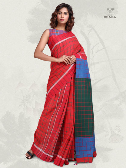 Saree Gamcha Fashion Handloom Cotton Fabric Red and Blue GS24