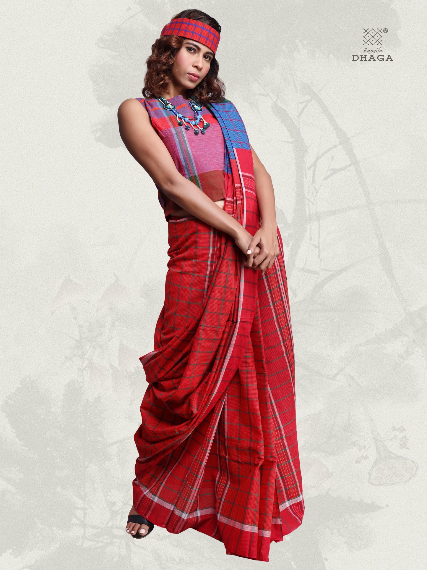 Saree Gamcha Fashion Handloom Cotton Fabric Red and Blue GS24