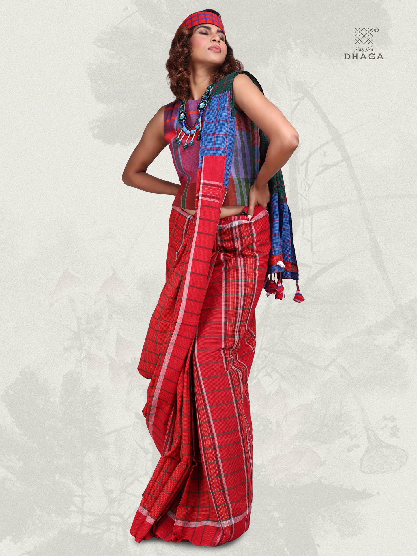 Saree Gamcha Fashion Handloom Cotton Fabric Red and Blue GS24