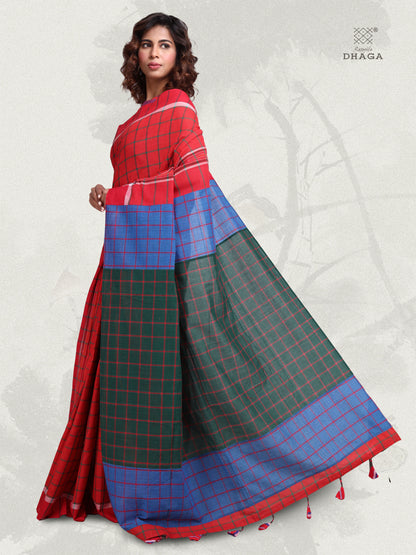 Saree Gamcha Fashion Handloom Cotton Fabric Red and Blue GS24