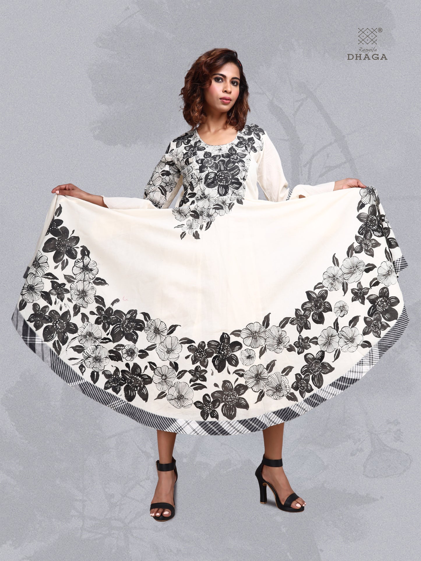 Hand Painted Black Flower  Cotton Long Dress Gamcha Border with Pockets (White) D017