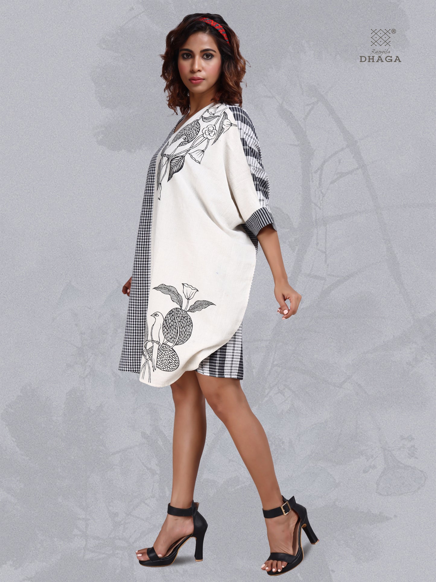 Hand Painted Gamcha Cotton Kaftan Dress (White) D016