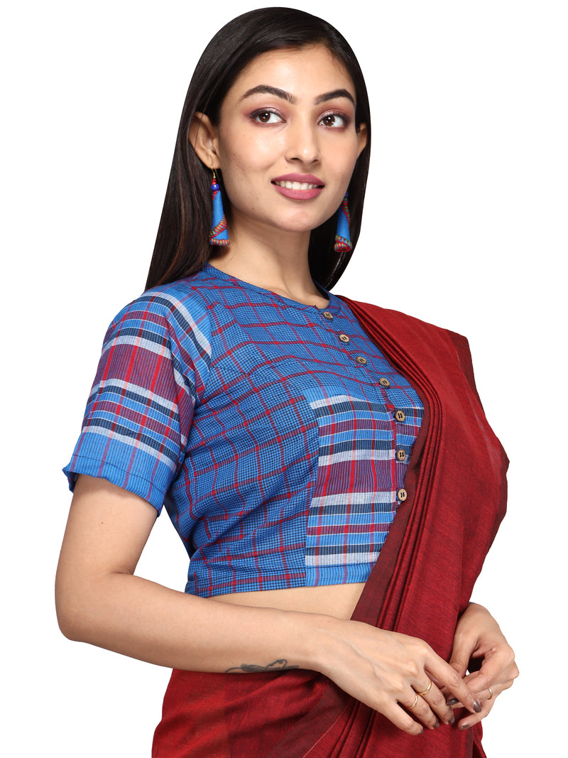 Blouse Gamcha Fashion Handloom Cotton Fabric with Sleeves Blue BL10