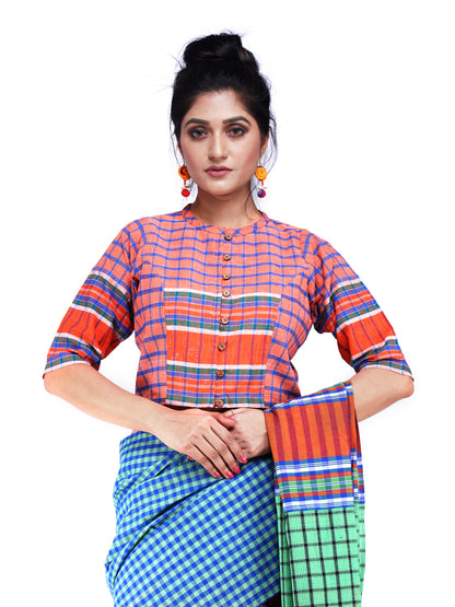 Blouse Gamcha Fashion Handloom Cotton Fabric with Half Sleeves Orange BL4