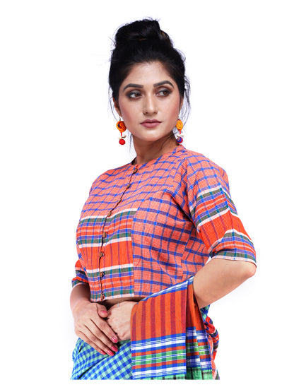 Blouse Gamcha Fashion Handloom Cotton Fabric with Half Sleeves Orange BL4