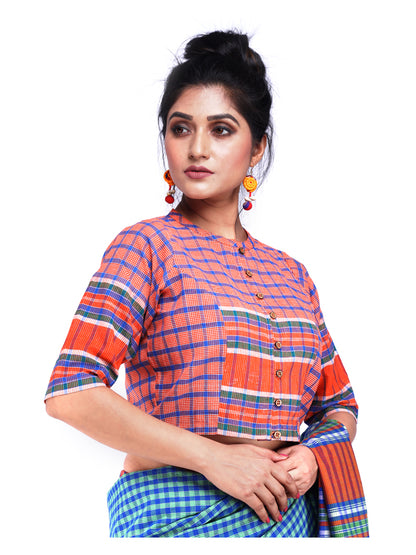 Blouse Gamcha Fashion Handloom Cotton Fabric with Half Sleeves Orange BL4