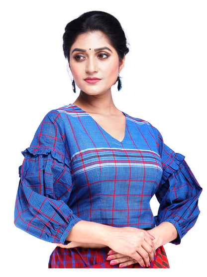 Blouse Gamcha Fashion Handloom Cotton Fabric with Bishop (Caff) Sleeves Blue BL12