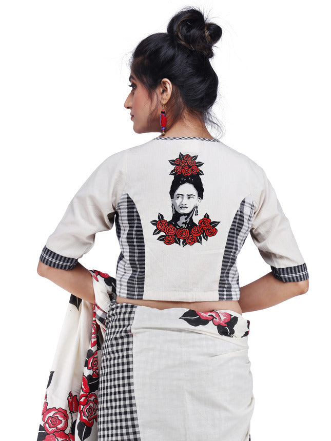 Handpainted Frida Kahlo Blouse in Handloom Gamcha Cotton with Handloom Cotton Half Sleeves