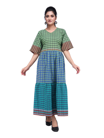 Dress Gamcha Fashion Tricolor Handloom Cotton Fabric Blue D03