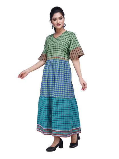 Dress Gamcha Fashion Tricolor Handloom Cotton Fabric Blue D03